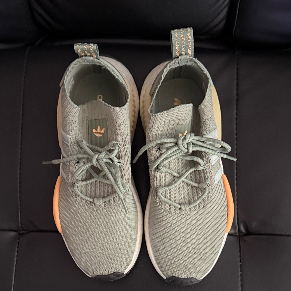 adidas Olive Green Knit Sneakers with Peach Accents